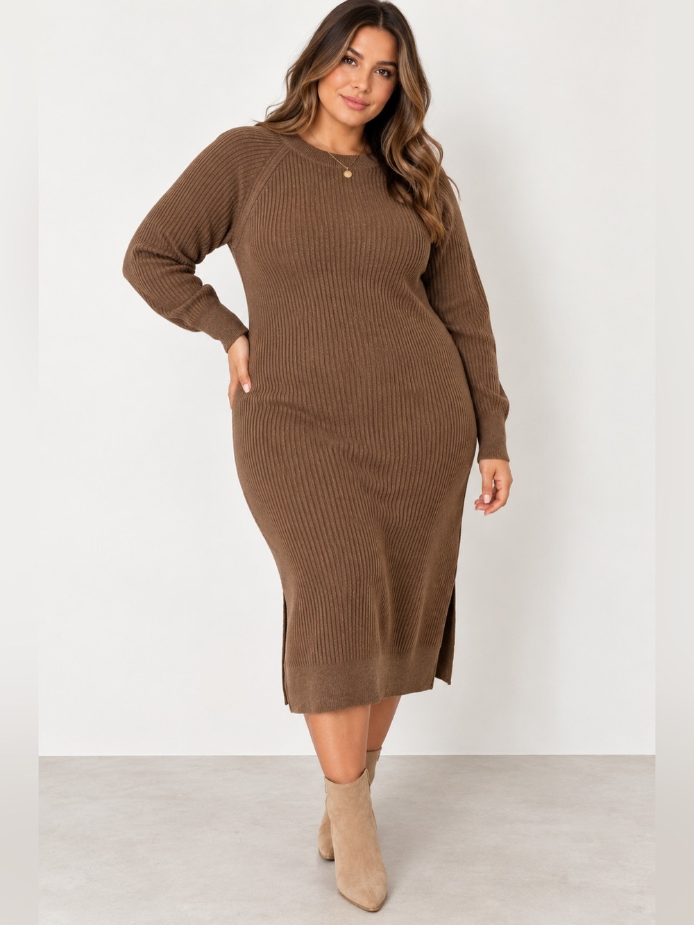 NWT The Drop Renata Ribbed Midi Sweater Dress in Brown Size: Plus 2X